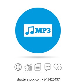 Mp3 music format sign icon. Musical symbol. Copy files, chat speech bubble and chart web icons. Vector