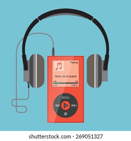 MP3 music player in button style and headphone. Modern technology of portable gadget for listen music. A vector illustration.