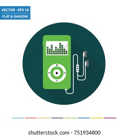 MP3 music player flat icon with long shadow. Vector Illustration.