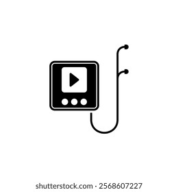 MP3 Music Player with Headphones Solid Flat Vector Icon Isolated on White Background.
