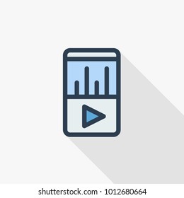 MP3, music player thin line flat color icon. Linear vector illustration. Pictogram isolated on white background. Colorful long shadow design.
