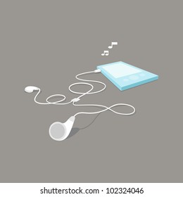 MP3 player and earphone in perspective view, drawn using minimal color