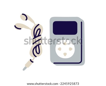 MP3 player, earphones. Portable mobile mini device for listening to music, audio, radio, song. Digital stereo sound gadget, ear phones. Flat vector illustration isolated on white background