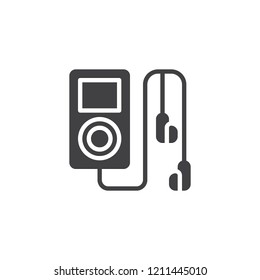Mp3 player with earphones vector icon. filled flat sign for mobile concept and web design. Portable media player simple solid icon. Music player symbol logo illustration. Pixel perfect vector graphics