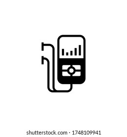 Mp3 player with headphones in black flat glyph, filled style isolated on white background