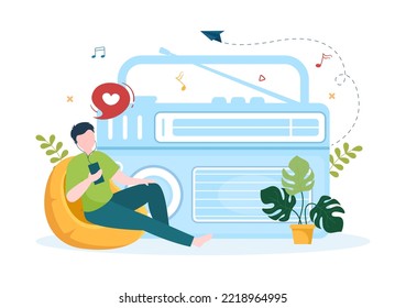 MP3 Player with Headphones, Headset and Phone of Music Listening Devices in Mobile App on Flat Cartoon Hand Drawn Templates Illustration