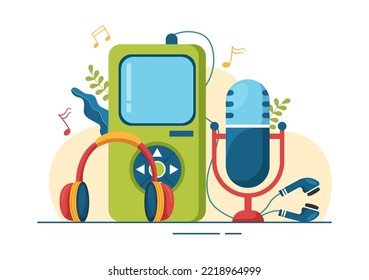 MP3 Player with Headphones, Headset and Phone of Music Listening Devices in Mobile App on Flat Cartoon Hand Drawn Templates Illustration