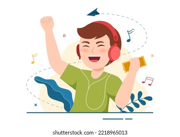 Reproductor de MP3 con audífonos, auriculares y teléfonos de dispositivos de escucha de música en aplicaciones móviles con dibujos a mano planos Ilustración de plantillas dibujadas