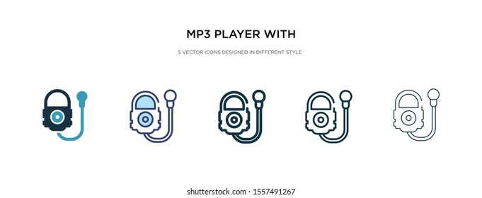 mp3 player with headphones icon in different style vector illustration. two colored and black mp3 player with headphones vector icons designed in filled, outline, line and stroke style can be used