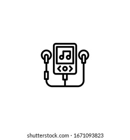 Mp3-Player mit Kopfhörersymbol in Linear-, Umriss-Symbol einzeln auf weißem Hintergrund