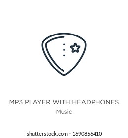Reproductor Mp3 con icono de auriculares. Un reproductor mp3 lineal delgado con un icono de contorno de auriculares aislado en fondo blanco de la colección musical. Signo vectorial de línea, símbolo para web y móvil