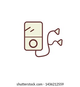Mp3 player with a headphones vector icon, red simple design.
