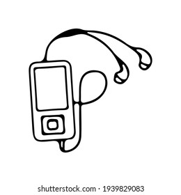 MP3 player with headphones.  Vector illustration hand drawn by contour in doodle style.