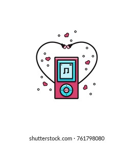 MP3 player with heart-shaped earphones flat color line icon. Music gadget vector illustration on isolated background. Valentene's day card, poster, postcard, flyer, banner concept for music lovers.