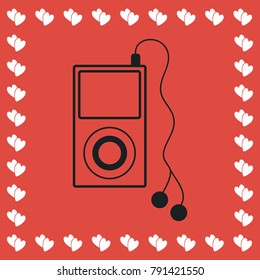Mp3 player icon flat. Simple black pictogram on red background with white hearts for valentines day. Vector illustration symbol