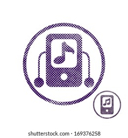 Mp3 player icon with halftone dots print texture. Macro newspaper style vector symbol. 2 versions set.