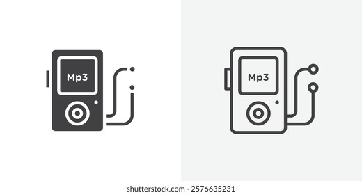 Mp3 player icon set in black flat solid and outlined style.