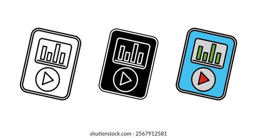 MP3 player icon. Vintage portable audio player vector illustration. Compact retro music device symbol. Radio display sign. Mobile audio or video player interface. Multimedia screen play tracks button.