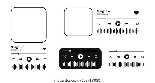 Modelos de interface de MP3 player com quadro de capa de álbum, botões, barra de progresso de carregamento e onda de som. Widgets de reprodução de áudio-livro, podcast ou rádio online. Ilustração gráfica vetorial.