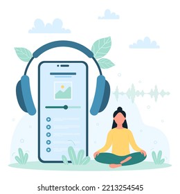 MP3 player mobile app vector illustration. Cartoon tiny woman sitting in lotus pose near headphones and phone with list of songs on screen and button play, person meditating to calm zen music