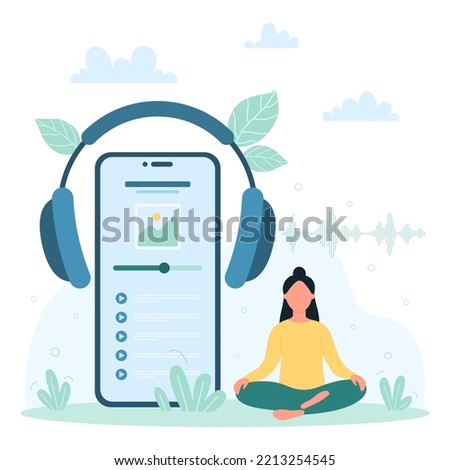 MP3 player mobile app vector illustration. Cartoon tiny woman sitting in lotus pose near headphones and phone with list of songs on screen and button play, person meditating to calm zen music