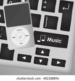 MP3 player on computer keyboard with a Music button. Vector illustration