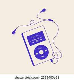 MP3 player. Portable music player with headphones cartoon style, retro device, audio technology for listening songs flat digital graphic. Vector isolated illustration