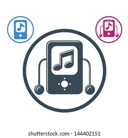 Mp3 player round icon isolated, single color vector music theme symbol for your design, 3 versions set.