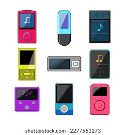 mp3 player set cartoon. music technology, audio sound, device display, modern stereo, media mp3 player vector illustration