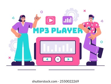 MP3 Player Vector Illustration featuring Musical Notations, Headphones, Headset, and Mobile App Devices for Music Listening on a Flat Background