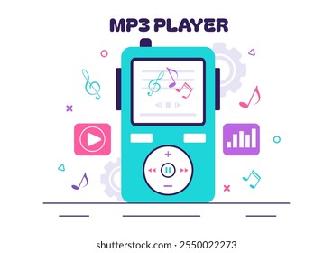 MP3 Player Vector Illustration featuring Musical Notations, Headphones, Headset, and Mobile App Devices for Music Listening on a Flat Background