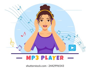 MP3 Player Vector Illustration with Musical Notation, Headphones, Headset and Phone of Music Listening Devices in Mobile App on Flat Background