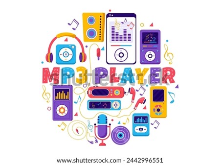 MP3 Player Vector Illustration with Musical Notation, Headphones, Headset and Phone of Music Listening Devices in Mobile App on Flat Background