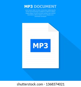 The MP3 white file is located on a blue background. A document for general use. Computer file. Above, white text is written.