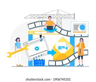 MP4 converter concept with tiny people. Screen with changing or converting process of document to another format. Movie compression. Flat vector illustration for app, website, banner, landing page.