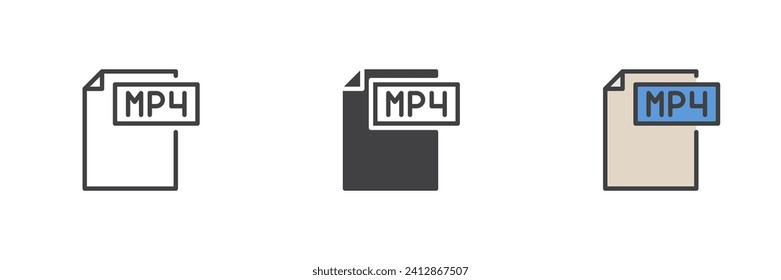 MP4 file different style icon set. Line, glyph and filled outline colorful version, outline and filled vector sign. Symbol, logo illustration. Vector graphics