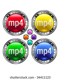 MP4 file extension icon on round colorful vector buttons suitable for use on websites, in print materials or in advertisements.  Set includes red, yellow, green, and blue versions.