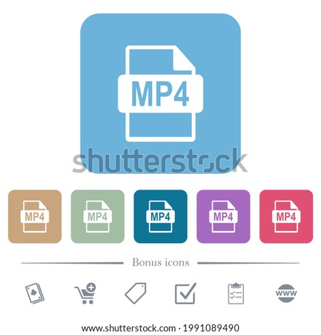 MP4 file format white flat icons on color rounded square backgrounds. 6 bonus icons included