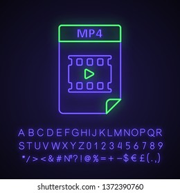 MP4 file neon light icon. Digital multimedia file format. Video and audio document. Glowing sign with alphabet, numbers and symbols. Vector isolated illustration