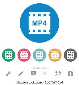 mp4 movie format flat white icons on round color backgrounds. 6 bonus icons included.