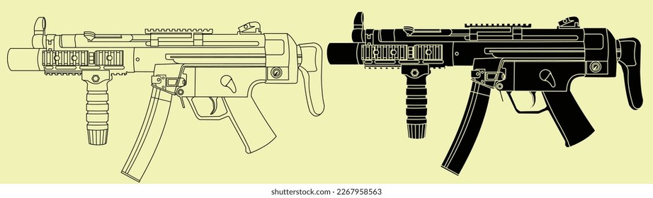Ilustración vectorial MP5 con contorno y silueta.