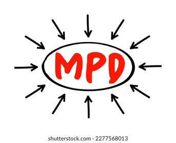 MPD Multiple Personality Disorder - mental disorder characterized by the maintenance of at least two distinct and relatively enduring personality states, acronym text with arrows