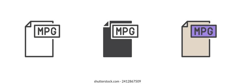 MPG file different style icon set. Line, glyph and filled outline colorful version, outline and filled vector sign. Symbol, logo illustration. Vector graphics