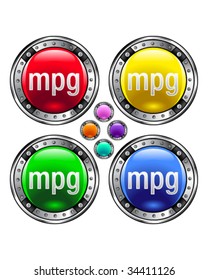 MPG file extension icon on round colorful vector buttons suitable for use on websites, in print materials or in advertisements.  Set includes red, yellow, green, and blue versions.