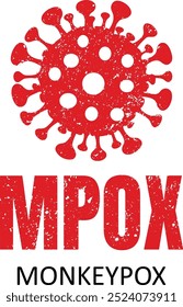 Mpox (Monkeypox) Virus Icon and Text Graphic. A red, distressed graphic representation of the Mpox (Monkeypox) virus