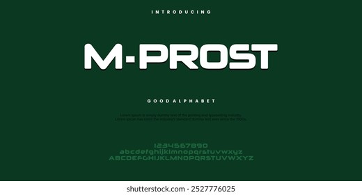 M-Prost modern abstract digital font. Logo creative font, type, technology, movie, digital, music, movie. Font and illustration in vector format.