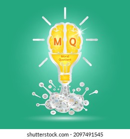 MQ Emotional intelligence. Heart and brain on balanced scale symbol. Moral Quotient of a child. Design logo products in the form of the brain, light bulb yellow on a green background. Vector EPS10.