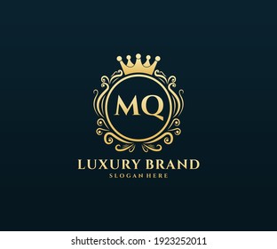 MQ Initial Letter Gold calligraphic feminine floral hand drawn heraldic monogram antique vintage style luxury logo design.