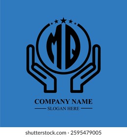 MQ initials held within hands, symbolizing trust and protection. The circle represents unity, while stars highlight excellence and ambition.