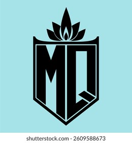 MQ Logo featuring a minimalist design with a crown-like flower symbol on top, bold black elements, and a soft blue background, perfect for branding and modern visual identity.
